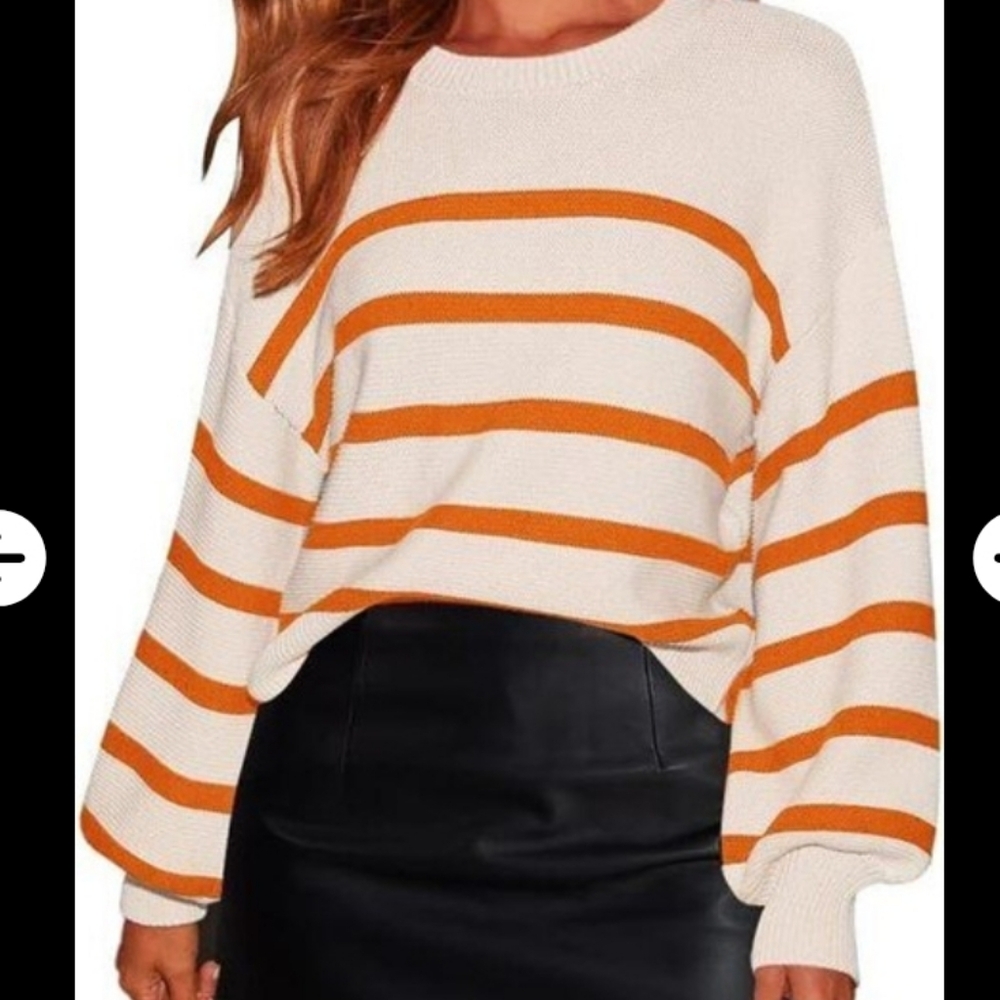 Striped Crew Neck Sweater - Orange and White